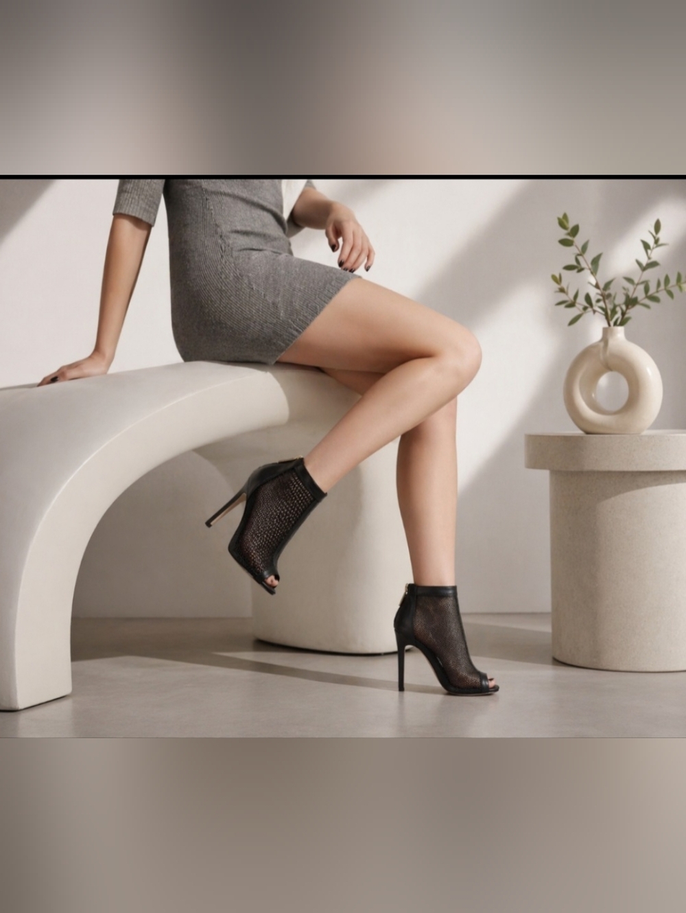 COLE HAAN Adella Black Leather Mesh Peep Toe Booties Stiletto Heel Sexy Chic